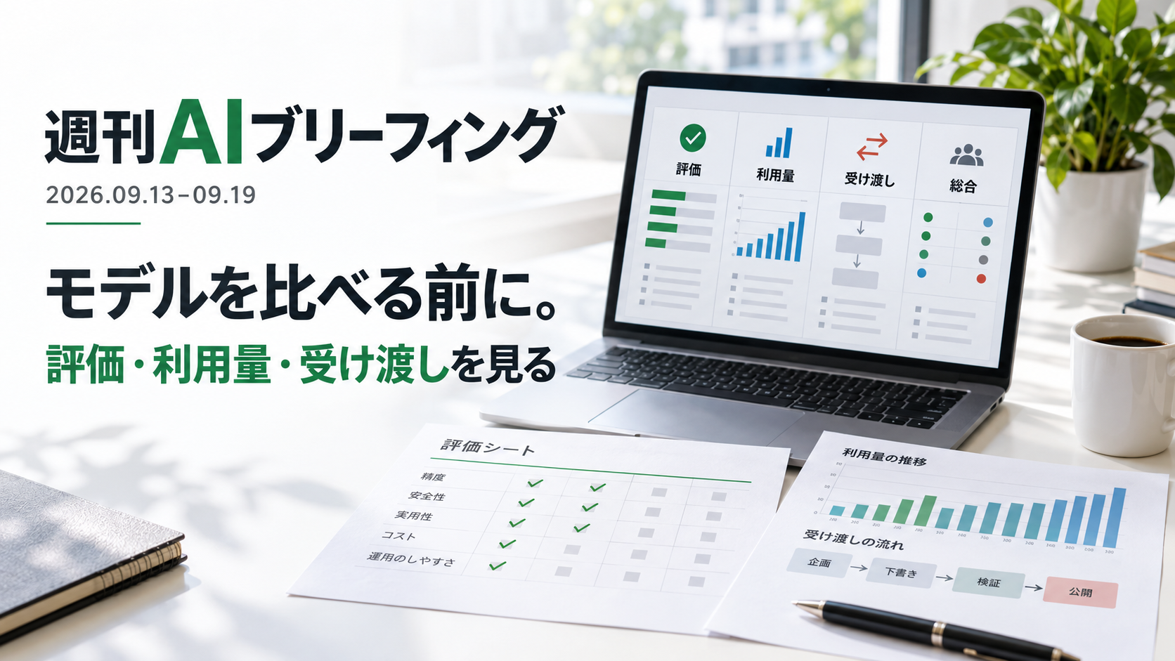 週刊AIブリーフィング 2026年9月13日〜19日。モデル比較で評価・利用量・受け渡しを見るための表紙。