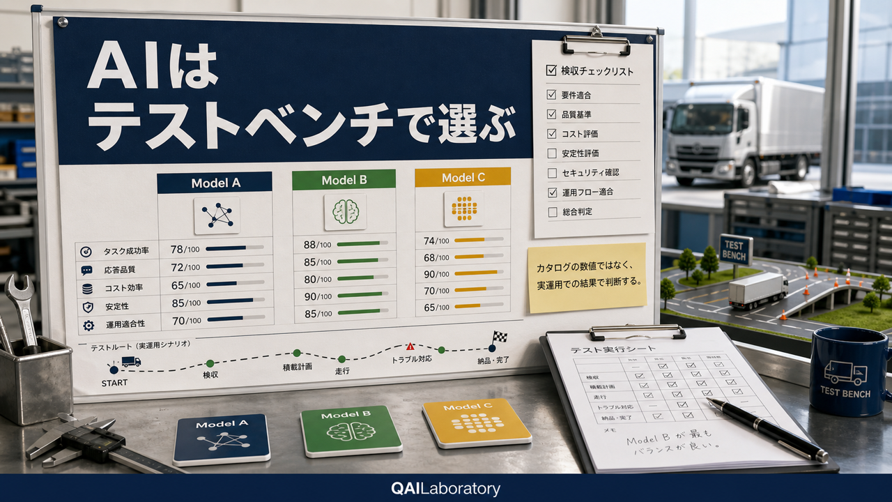 AIモデルをテストベンチと点検表で比較するブログカバー画像