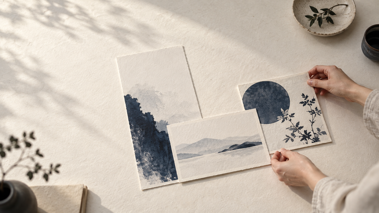 生成りの紙の上で、藍色の図柄が入った三種類の紙を手で整えている場面