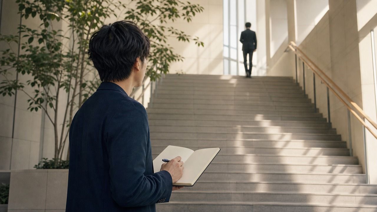 階段の上を進む人を見ながら、ノートを開いて立つ人物（2026-07-19）