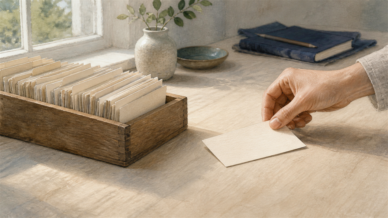 明るい作業机で、手が記録箱から選んだ一枚のカードを机に置く場面（2026-08-23）
