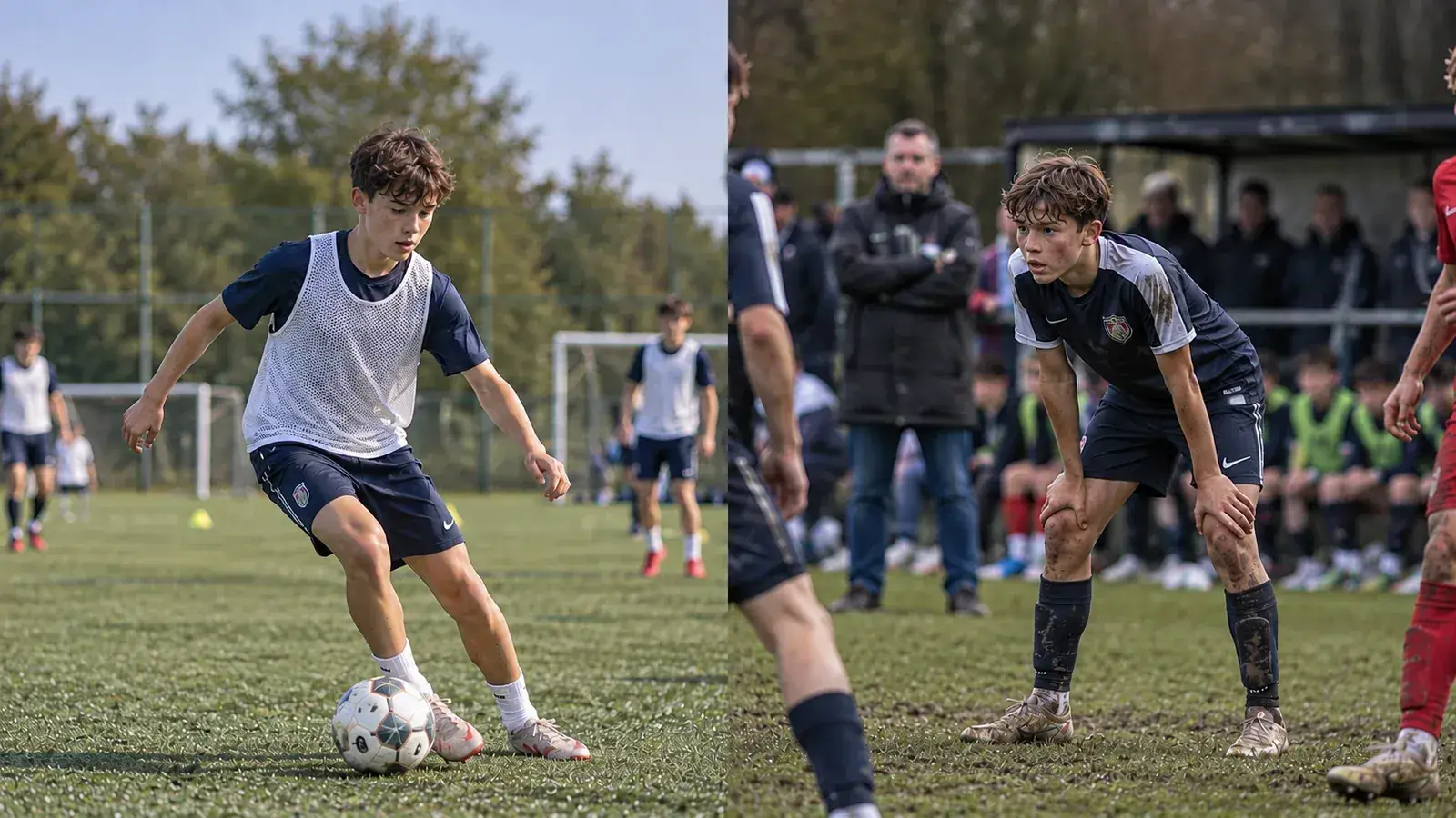 A young footballer in training, and the same player in a match