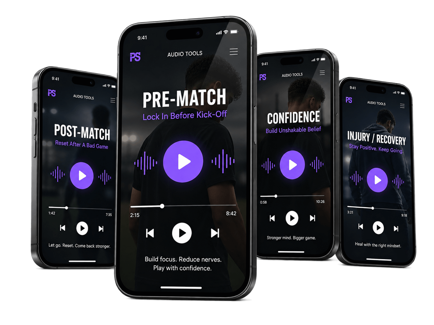 Player Mindset Program — guided mindset audio library on four phones