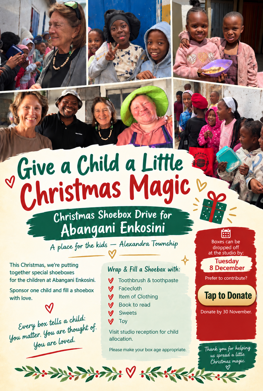 Give a Child a Little Christmas Magic - Christmas Shoebox Drive for Abangani Enkosini. Tap to donate.