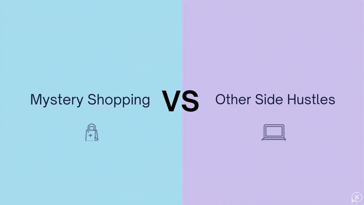 Split-screen graphic comparing mystery shopping versus other side hustles like delivery driving and freelancing.