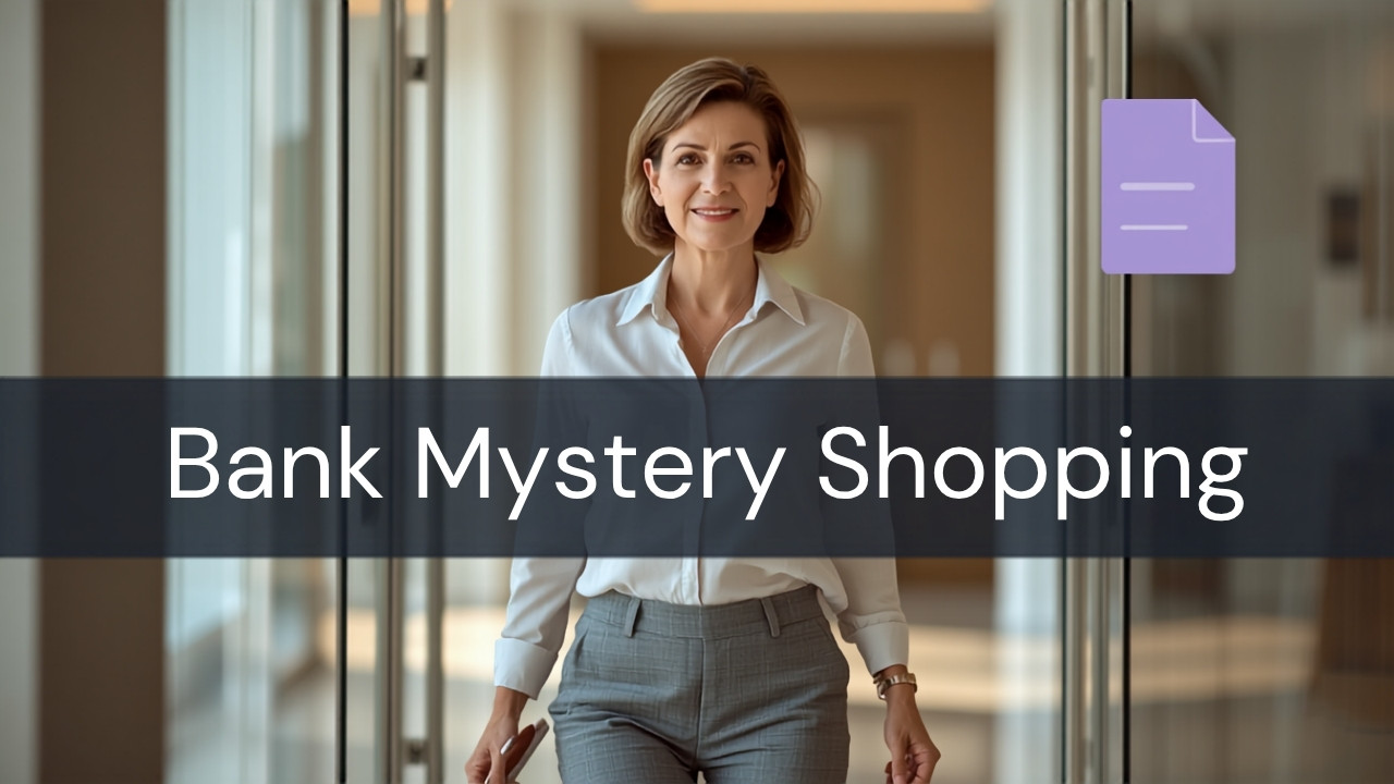 Mature woman walking into a modern bank branch with a smartphone, illustrating bank mystery shopping for beginners.