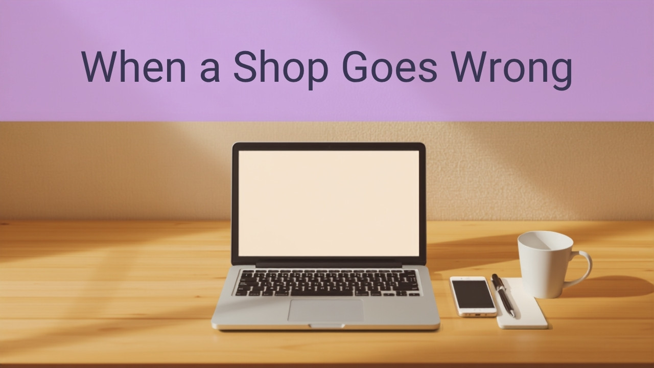 Desk with a laptop showing a message being composed, a notepad and coffee, illustrating how to handle a mystery shop that went wrong.