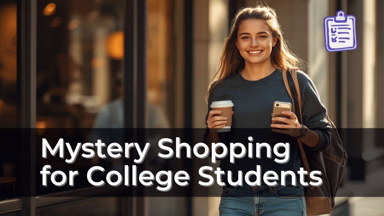 Young college student walking past a coffee shop with a smartphone and coffee, illustrating mystery shopping for college students.