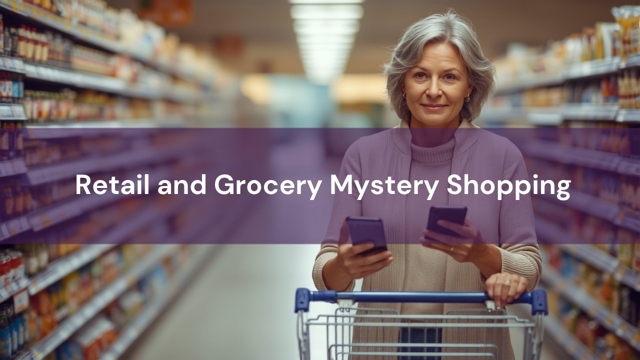 Mature woman with a shopping cart in a supermarket aisle holding a smartphone, illustrating retail and grocery mystery shopping.