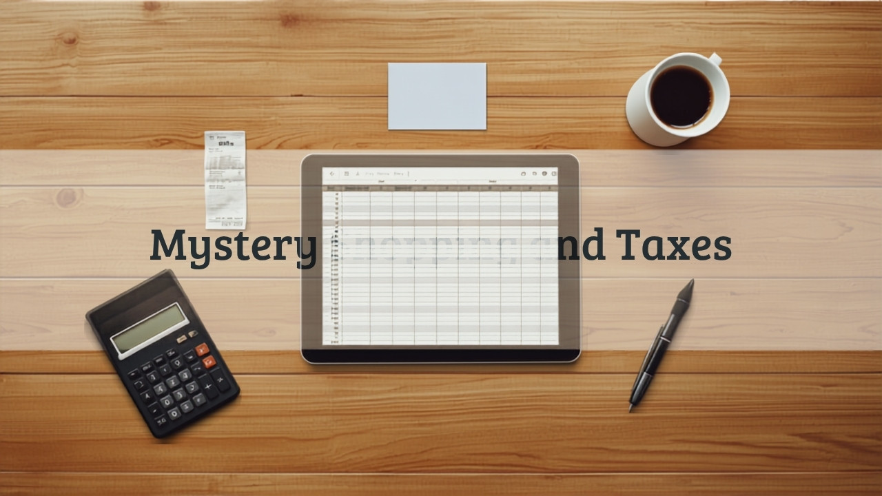 Flat-lay of a spreadsheet, receipts, and calculator on a wooden table, illustrating how mystery shopping taxes and record-keeping work.