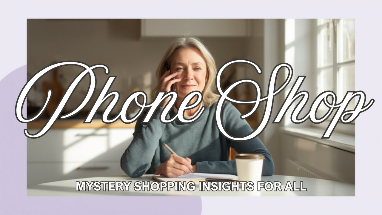 Mature woman at a kitchen table taking notes during a phone call, illustrating phone shop mystery shopping from home.