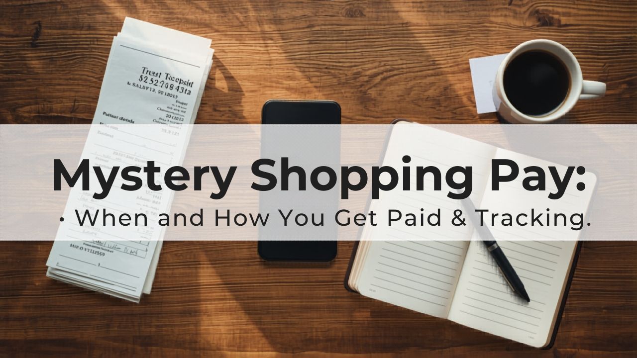 Flat-lay of smartphone with banking deposit, receipts, and notebook illustrating mystery shopping pay timelines.