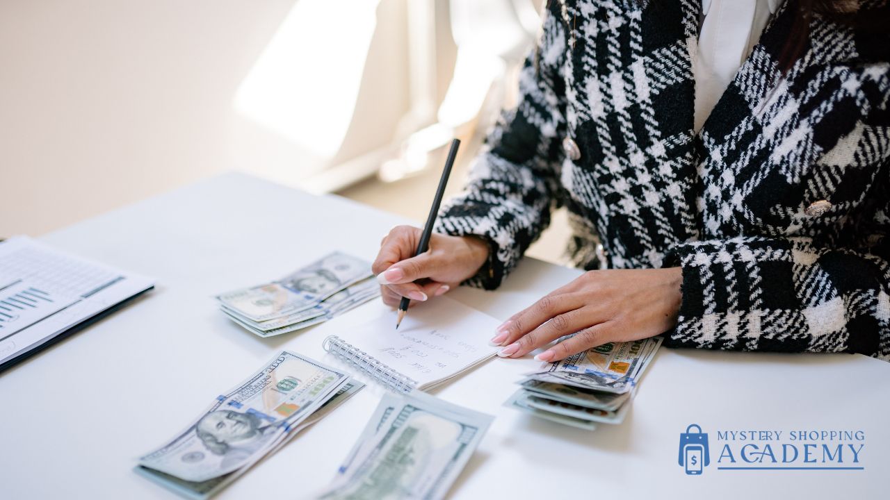 woman counting mystery shopping income at a table