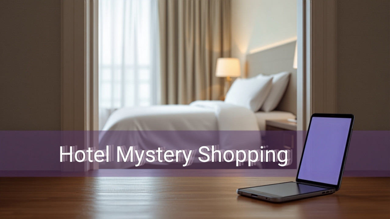 Modern hotel room with a made bed, open suitcase, and smartphone, illustrating what hotel mystery shopping involves.