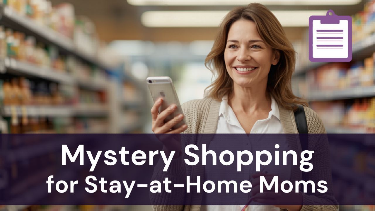 Mature mom shopping with a smartphone in a grocery aisle, illustrating mystery shopping for stay-at-home moms.