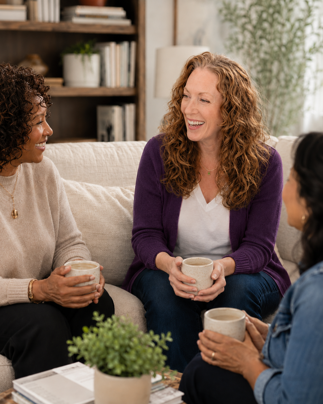 Holly Toscanini having a casual coaching session with women in her living room.
