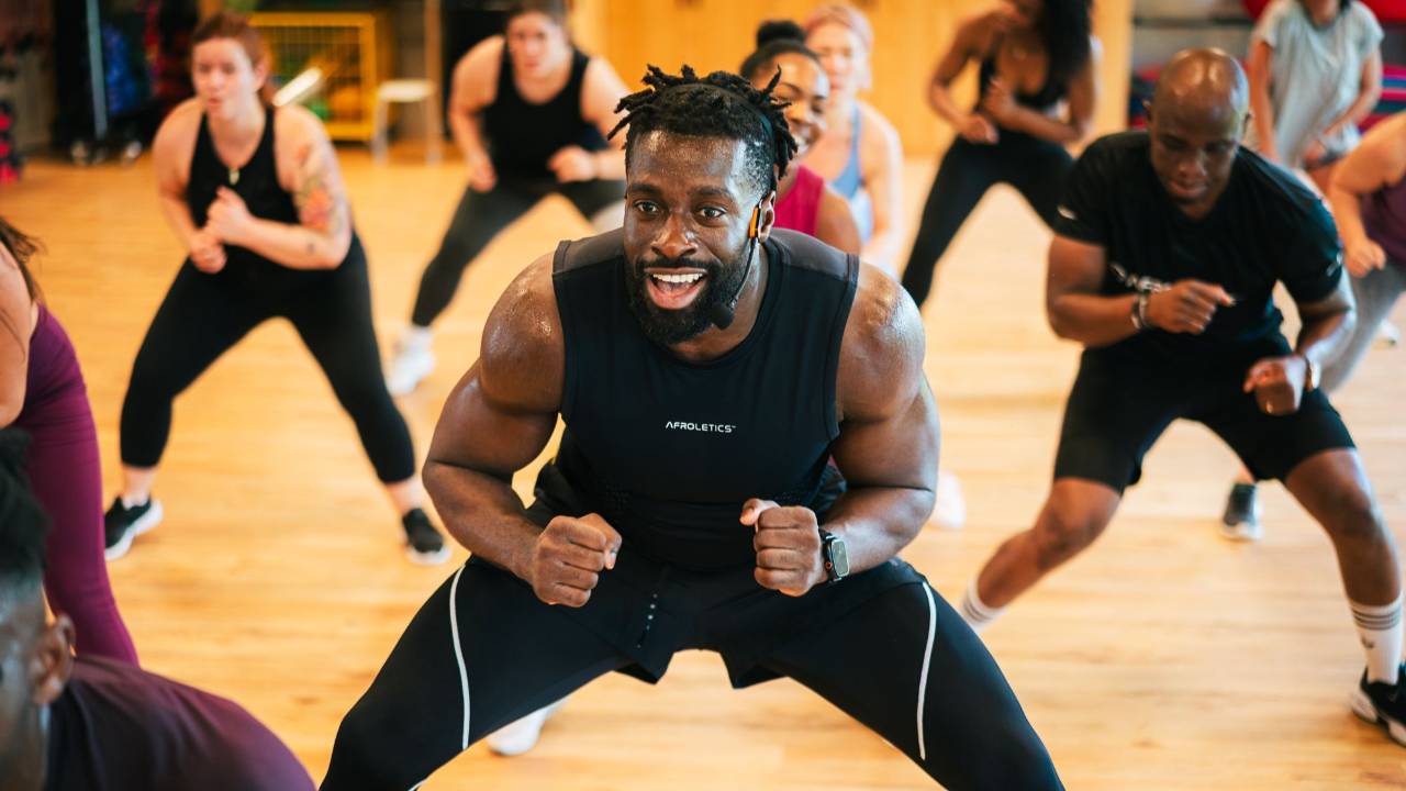 Afroletics instructor teaching a packed class