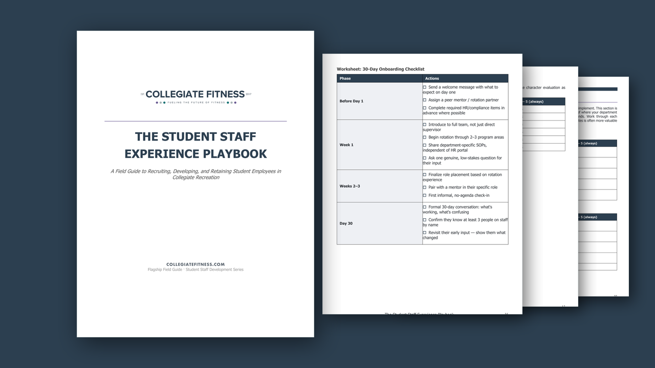 The Student Staff Experience Playbook, shown with three of its worksheets