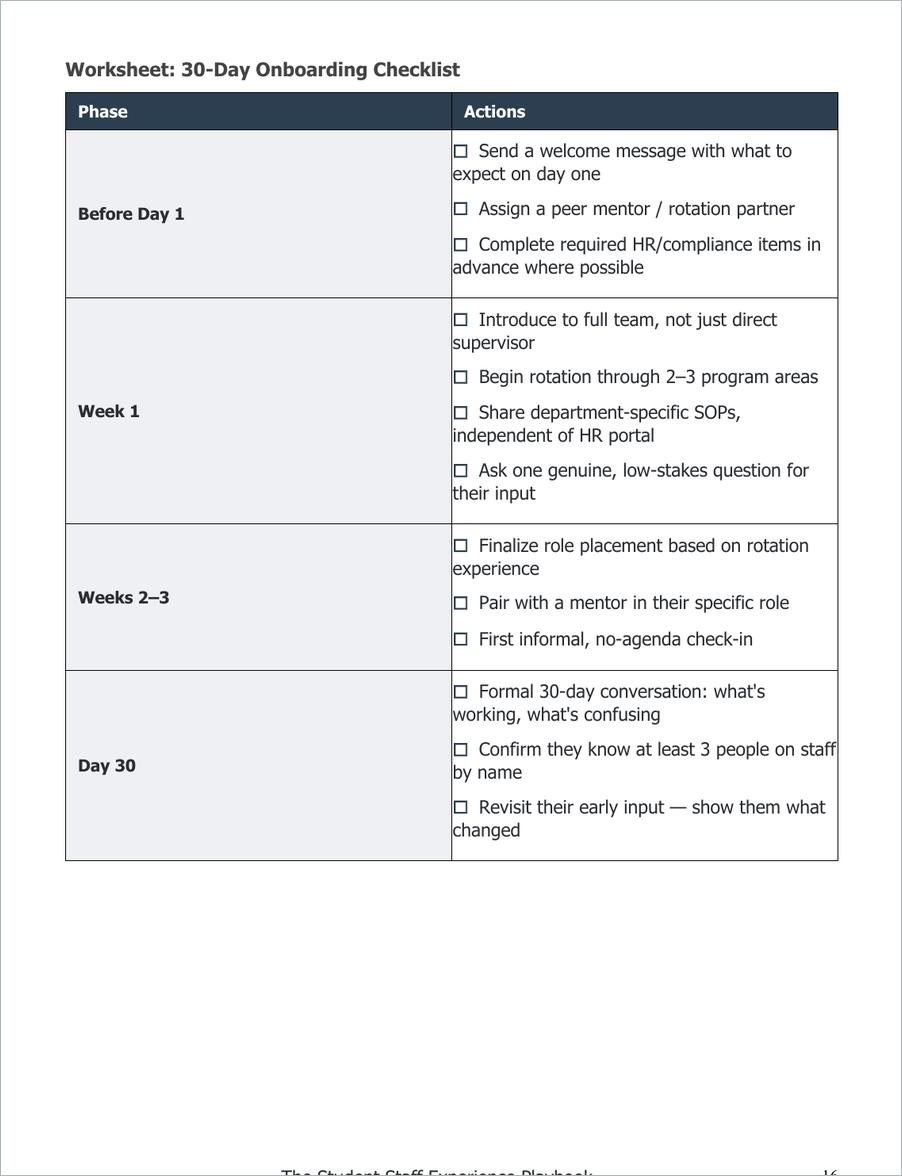 30-day onboarding checklist from the Student Staff Experience Playbook