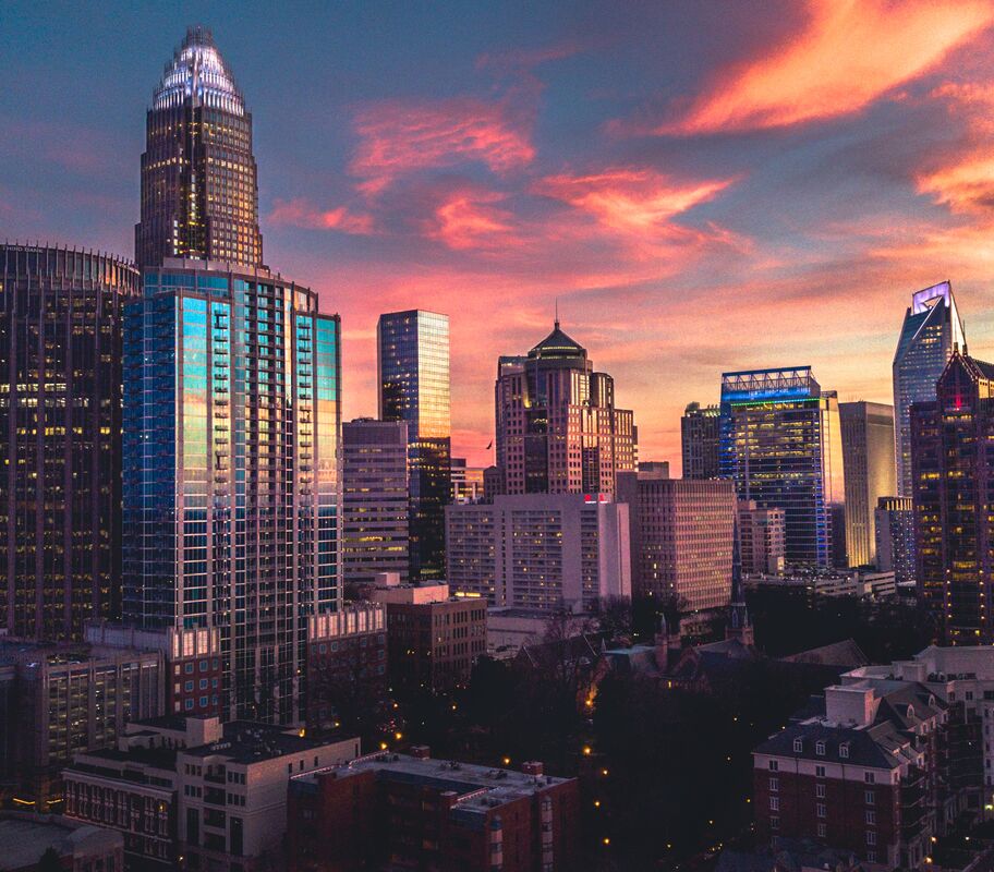 The Uptown Charlotte skyline at sunset