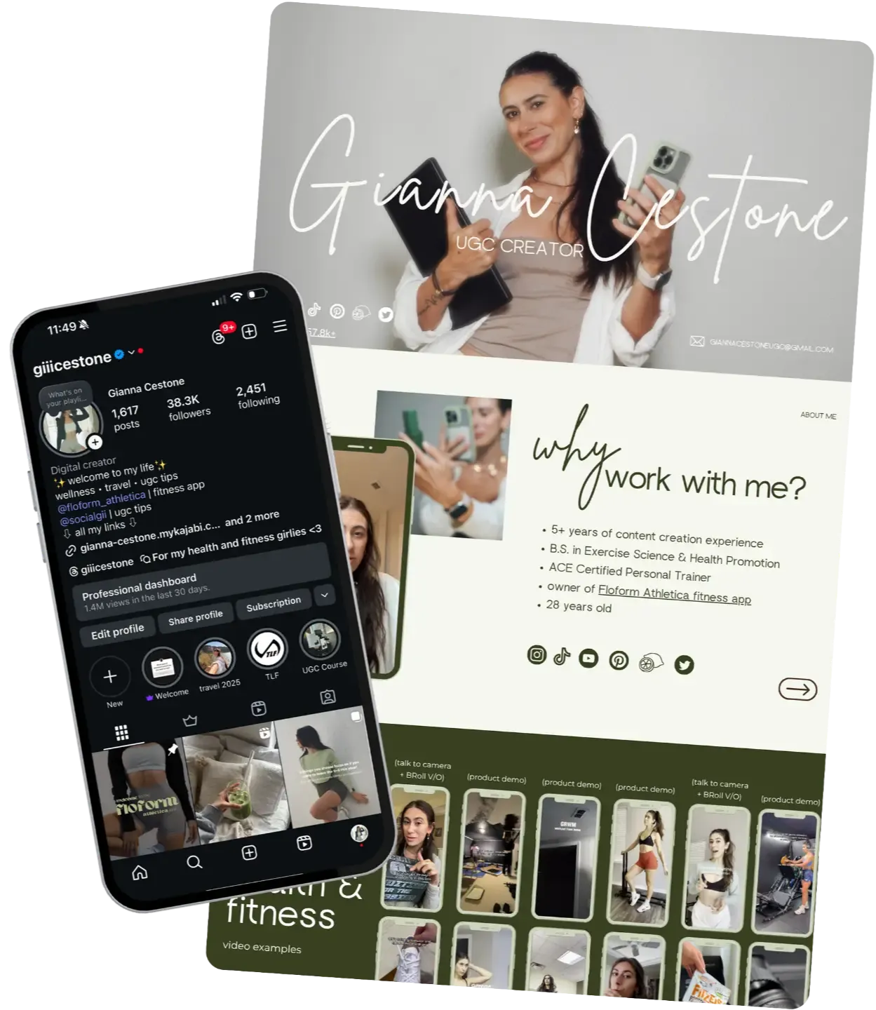 Polished UGC media kit headed "Why work with me?" beside an Instagram profile and a grid of video examples.