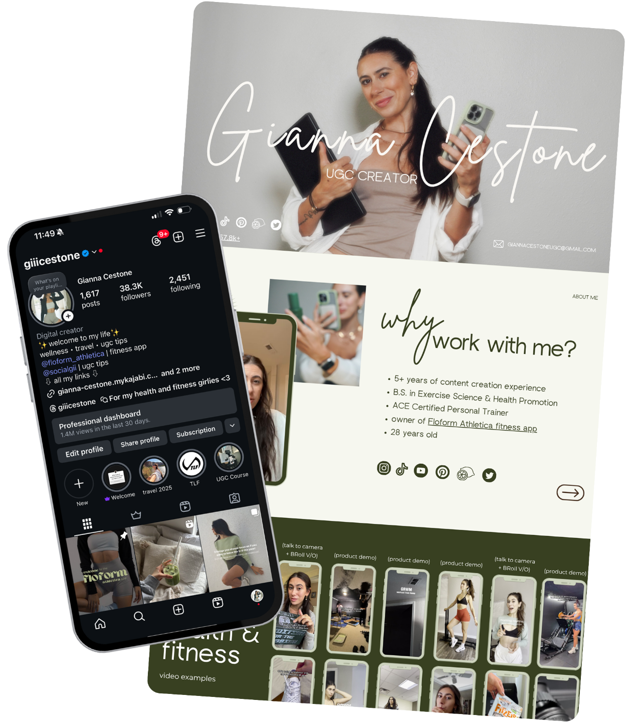 Polished UGC media kit headed "Why work with me?" beside an Instagram profile and a grid of video examples.