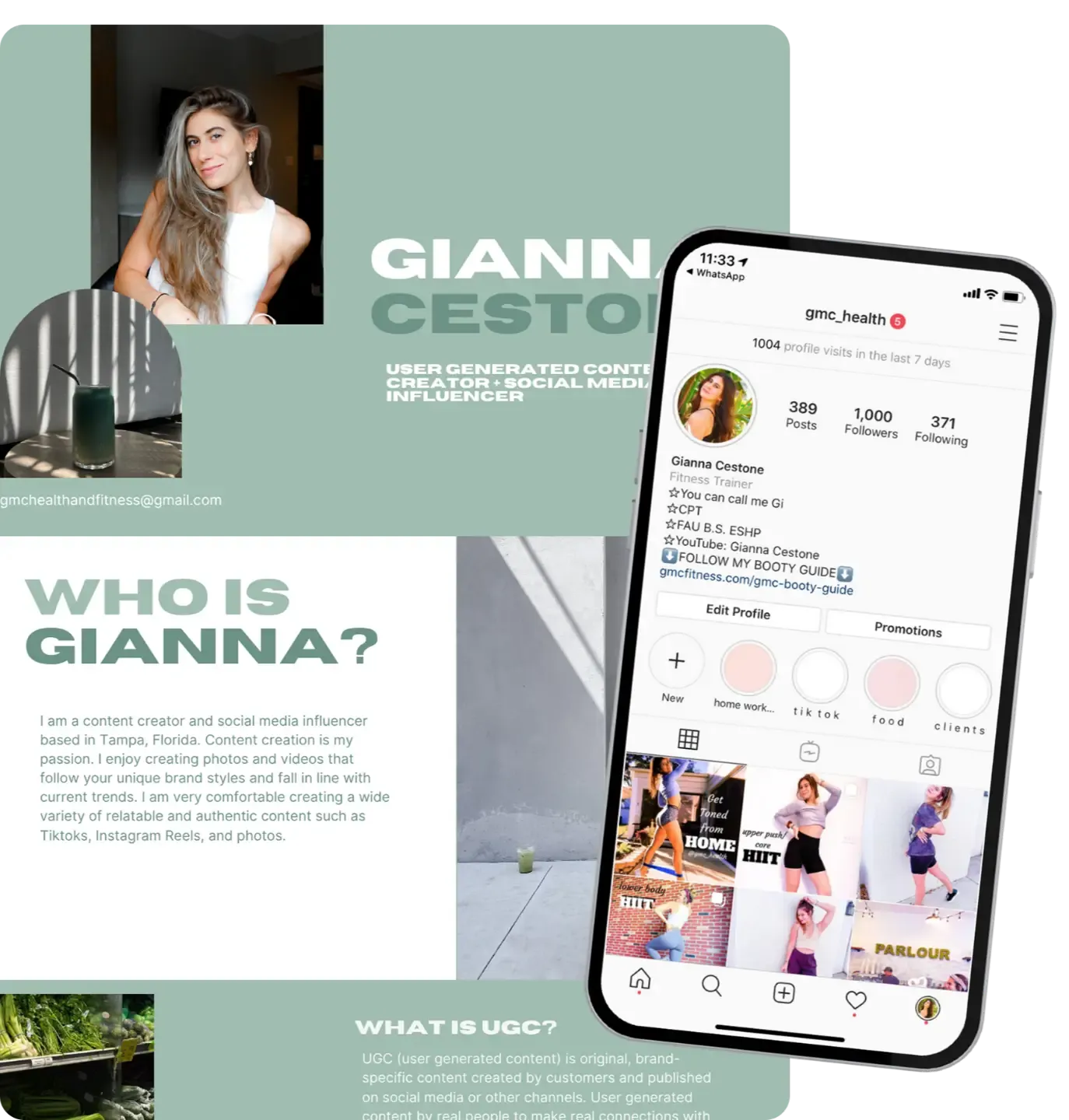 Early UGC media kit page headed "Who is Gianna?" beside a screenshot of an Instagram profile.