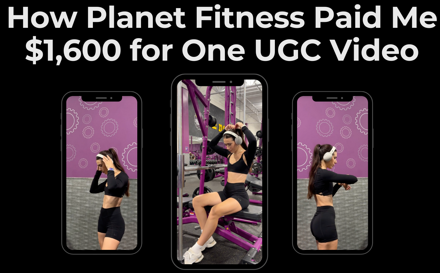 Video thumbnail for a case study about a paid Planet Fitness UGC video, showing three phone mockups of gym footage.