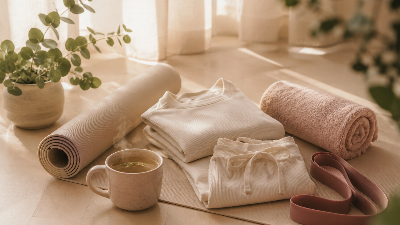 Beige joogamatto osittain rullattuna vaalealla puulattialla, vieressä taiteltu kerman-värinen loungewear-setti, pehmeä rullattu pyyhe, höyryävä keramiikkamuki ja pieni eukalyptuskasvi. Pehmeä aamuvalo ikkunasta, kerma- ja persikkasävyt. Rauhallisen palautumisen ja itsehoidon tunnelma.