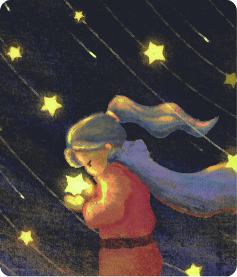 Painting of a girl holding a star under a sky of falling stars