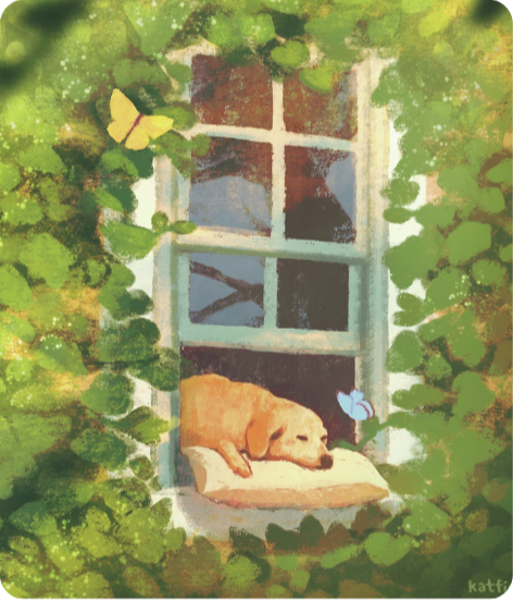Painting of a dog asleep on a windowsill framed by ivy