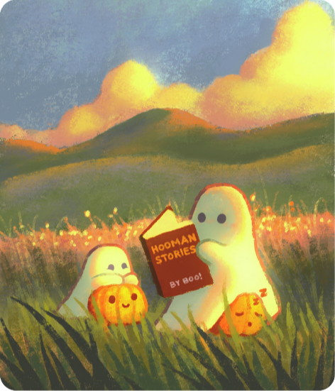 Painting of two little ghosts reading in a sunset meadow