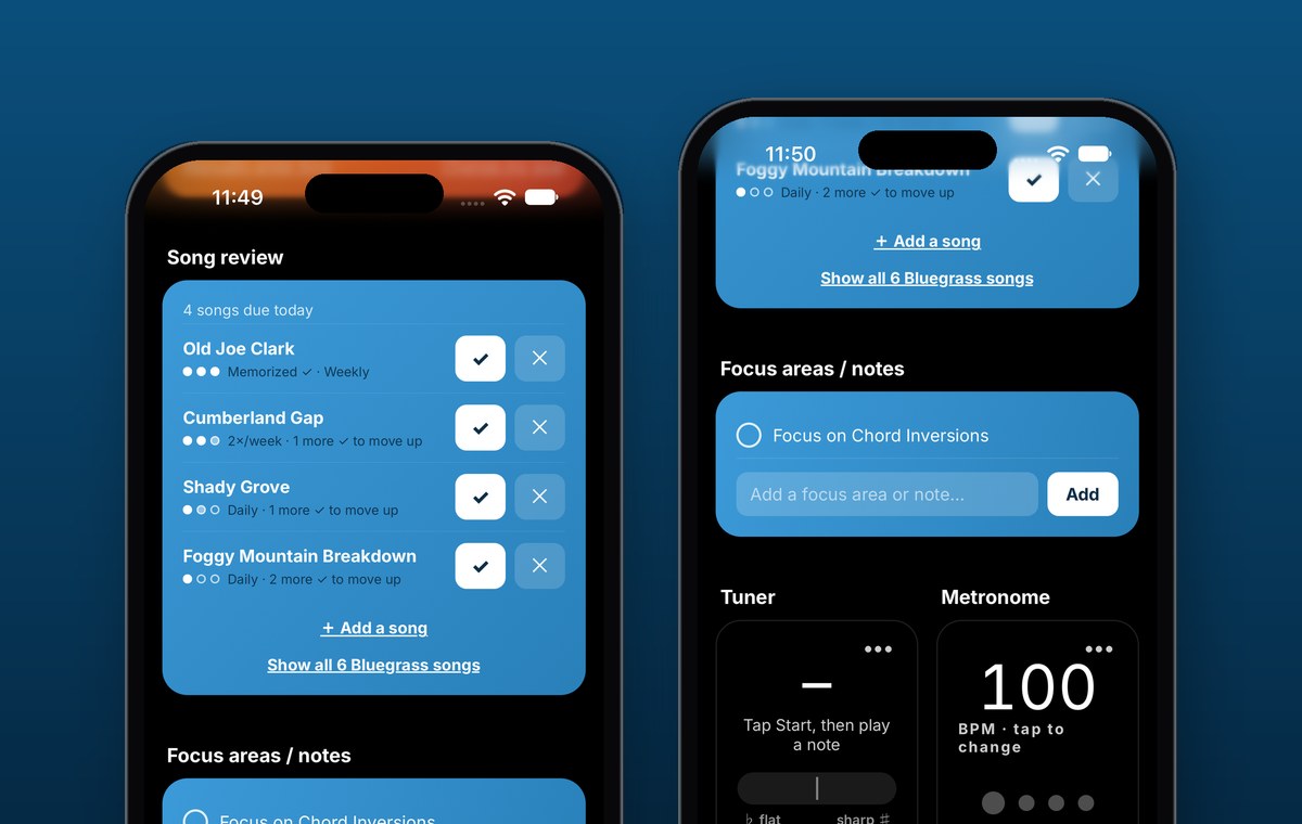 Banjo Mountain app screens: Song Review keeping bluegrass songs like Old Joe Clark and Cumberland Gap in rotation, plus the built-in tuner and metronome