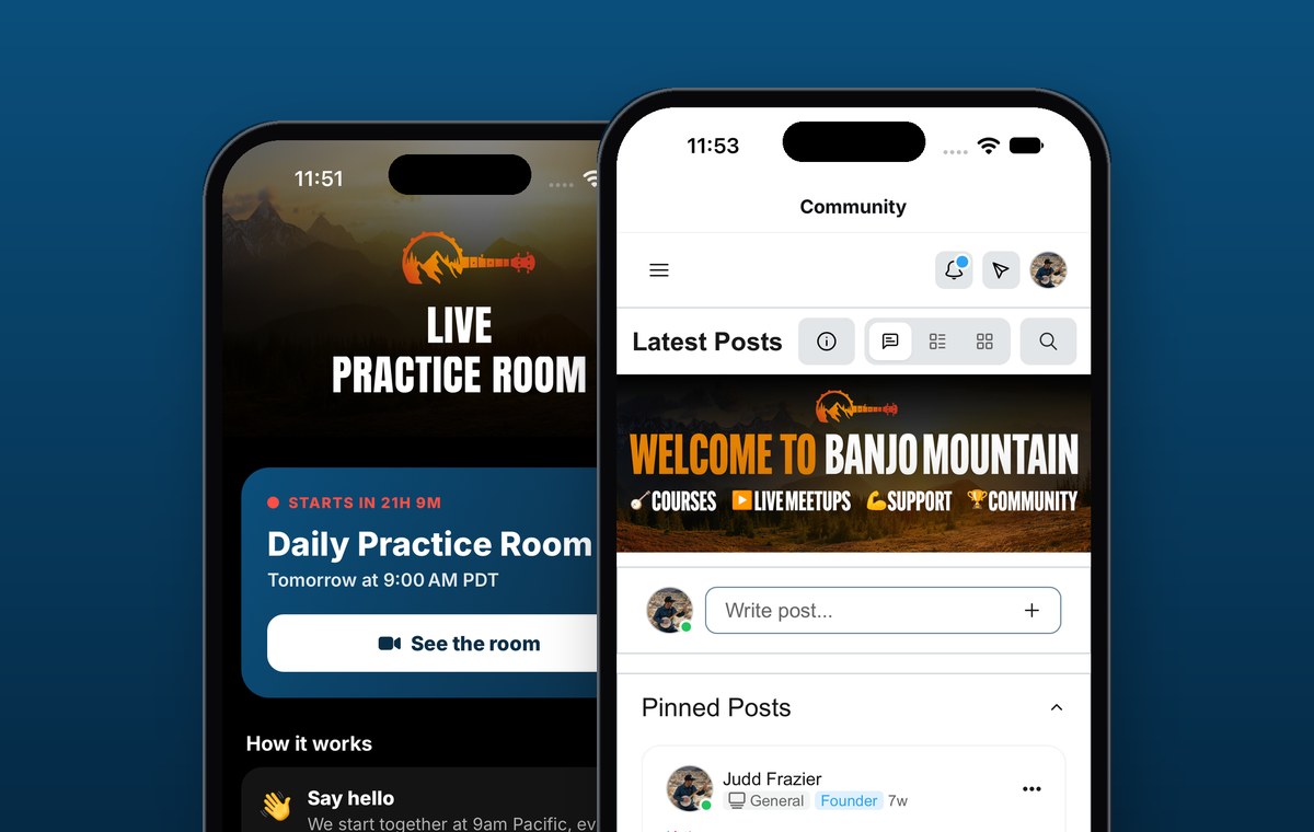 The live Daily Practice Room and community feed in the Banjo Mountain app
