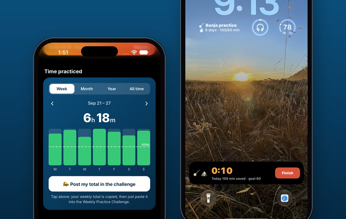 Time practiced chart showing 6 hours 18 minutes in a week, and a live practice timer on the Lock Screen