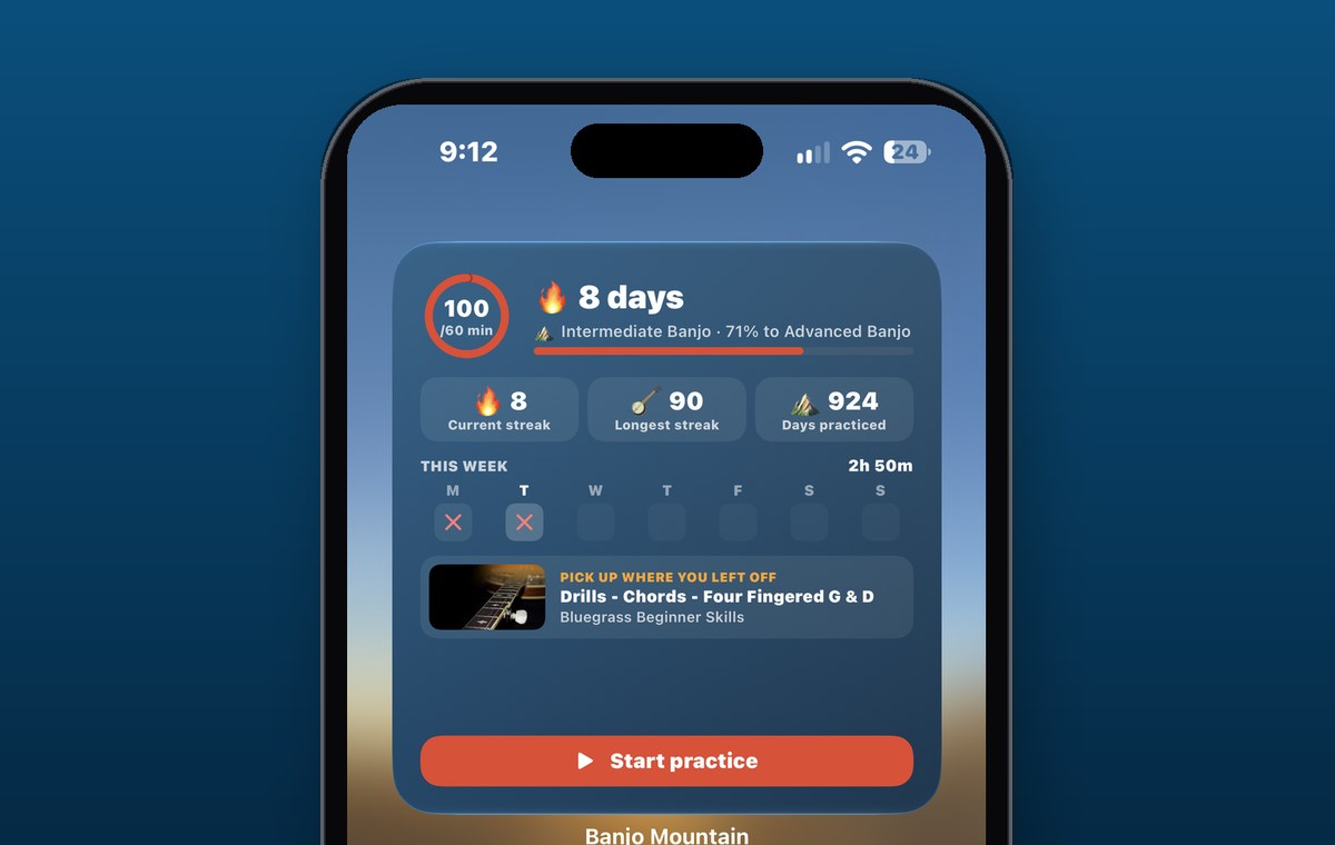 Banjo Mountain Home Screen widget showing an 8-day streak, longest streak and days practiced