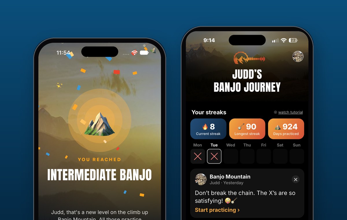 A practice streak celebration in the Banjo Mountain app
