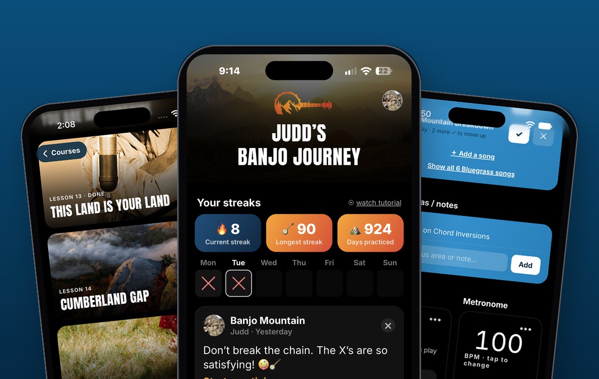 The free Banjo Mountain app on iPhone: your banjo journey home screen with practice streaks and a weekly practice calendar
