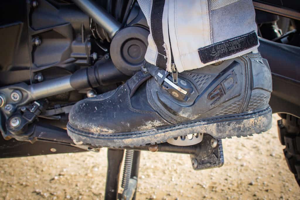 Close-up of a motorcycle boot downshifting