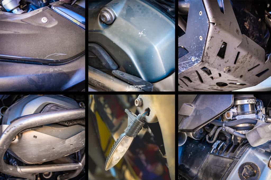 Collage of scratches and dents on a BMW 1200GS motorcycle