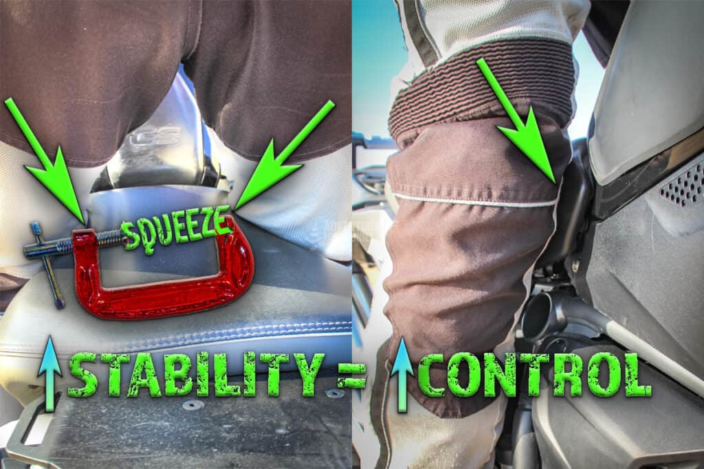 Close-up of a motorcycle rider’s knees squeezing the bike in a proper standing riding position