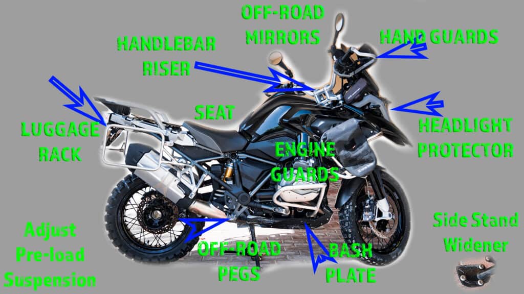 Popular after-market add-ons for off-road riding on an adventure motorcycle