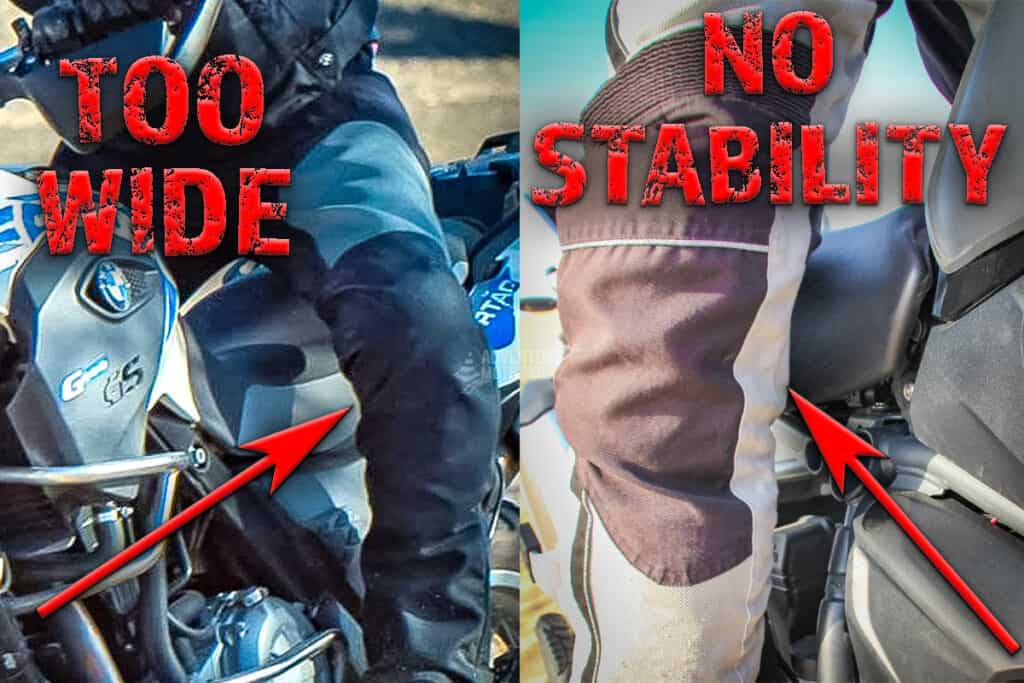 Close-up of a motorcycle rider’s knees held wide in a poor standing riding position