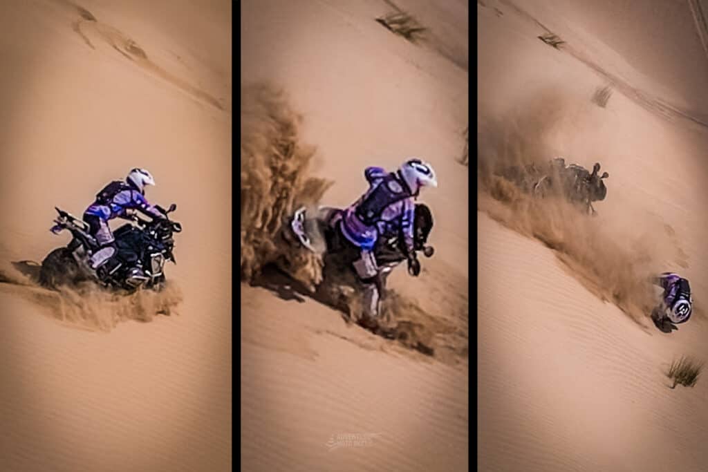 Rider taking a fall from an ADV motorcycle while riding off-road