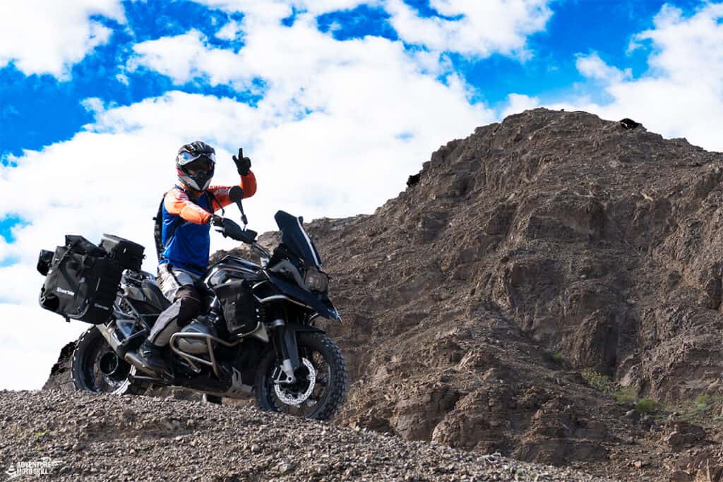 BMW R1200GS and rider in the mountains
