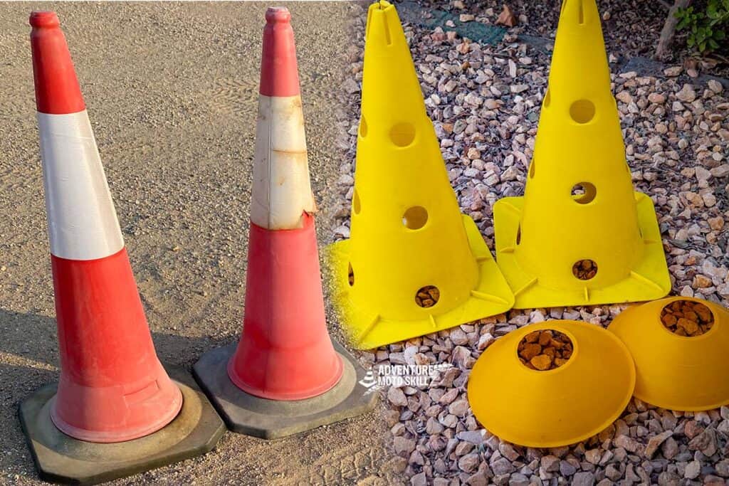 Training cones in three sizes for motorcycle slalom drills