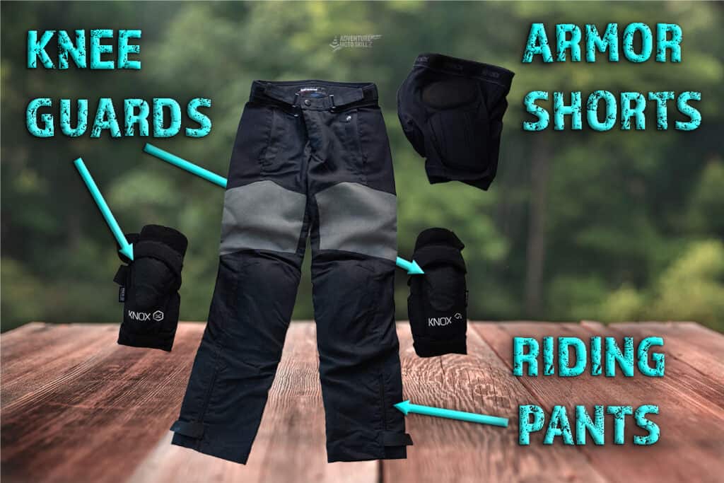 Knee guards and armor shorts worn under motorcycle riding pants