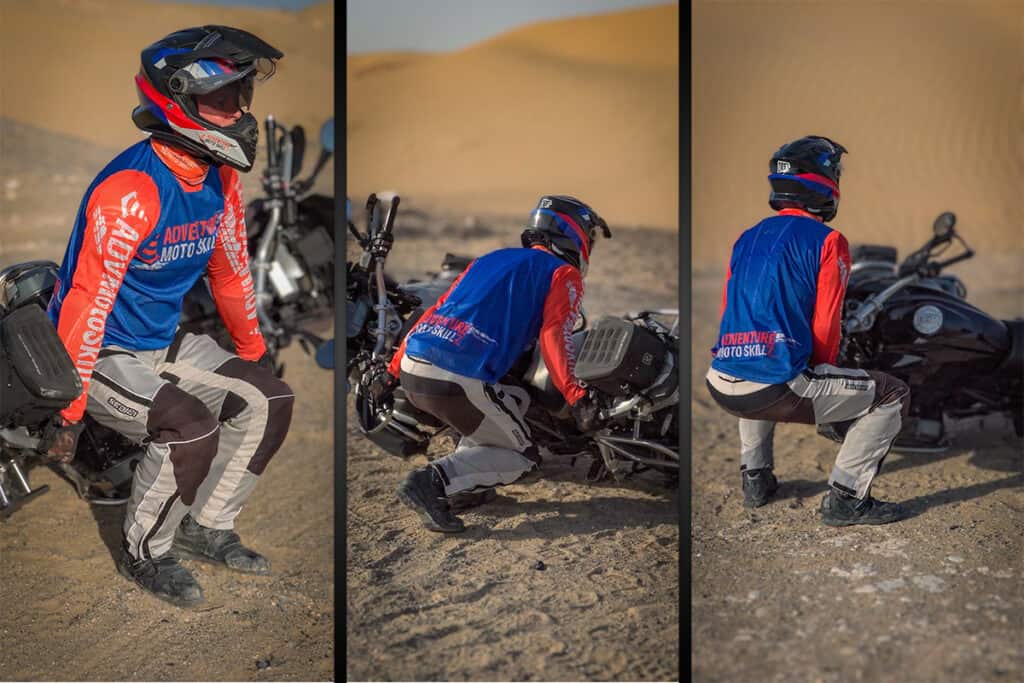 Three ways to lift a fallen ADV motorcycle: squat lift, deadlift-style lift and single handlebar lift