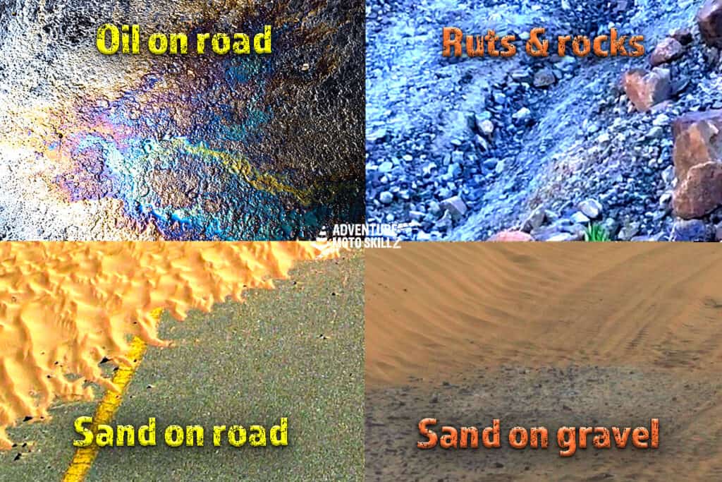 Riding terrain with multiple on- and off-road hazards for a motorcyclist to plan for