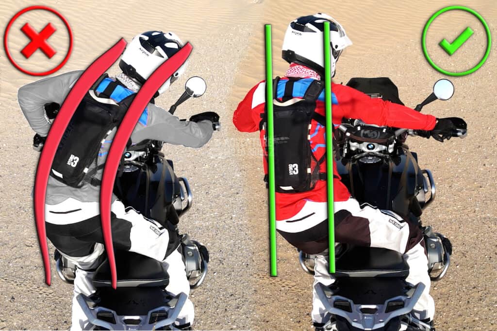 Side-by-side examples of poor and proper off-road cornering posture on an adventure motorcycle